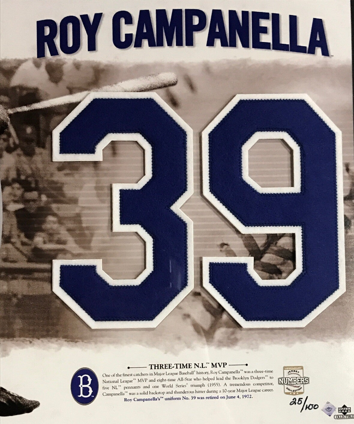 Roy Campanella Brooklyn Dodgers #39 Felt Upper Deck Photo Framed HOF LE /100