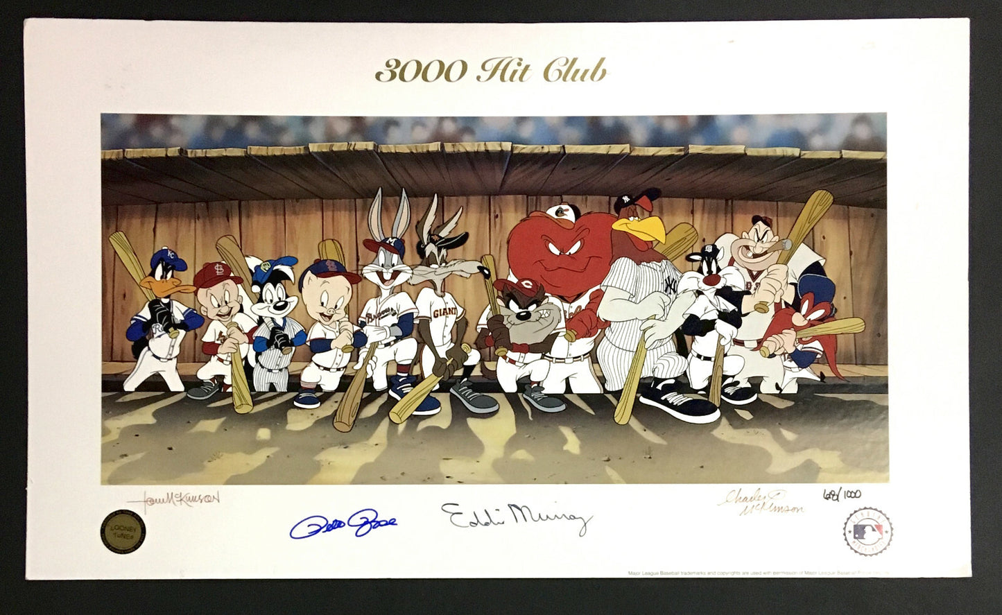 Pete Rose Eddie Murray signed 3000 hit McKimson Looney Tunes litho 2 auto COA Le