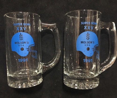 Super Bowl XXV 25 1991 Bills Vs New York Giants 2 Beer Glass Mug Set Molson Nfl
