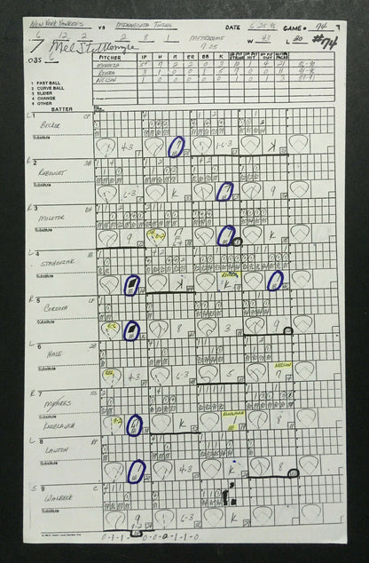 Mel Stottlemyre Signed Original 1996 Yankees Pitching Chart Lineup Derek Jeter