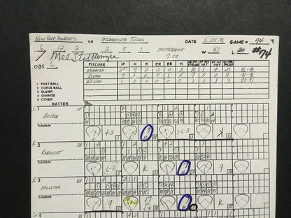 Mel Stottlemyre Signed Original 1996 Yankees Pitching Chart Lineup Derek Jeter