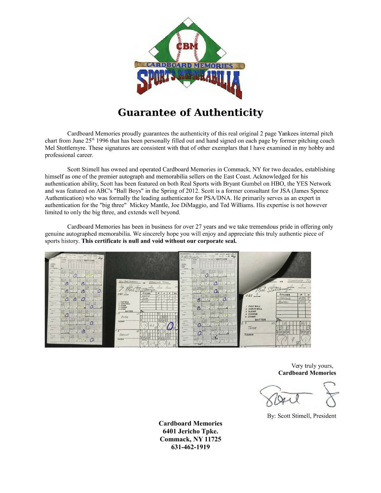 Mel Stottlemyre Signed Original 1996 Yankees Pitching Chart Lineup Derek Jeter