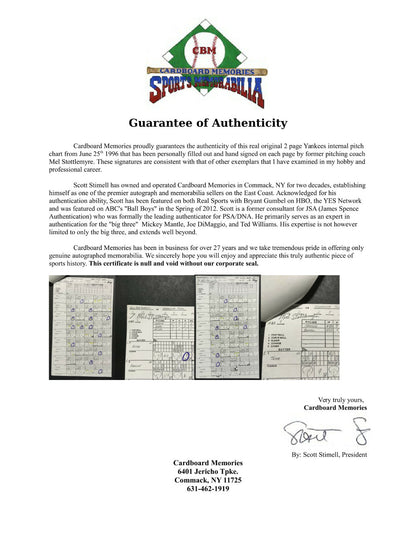 Mel Stottlemyre Signed Original 1996 Yankees Pitching Chart Lineup Derek Jeter