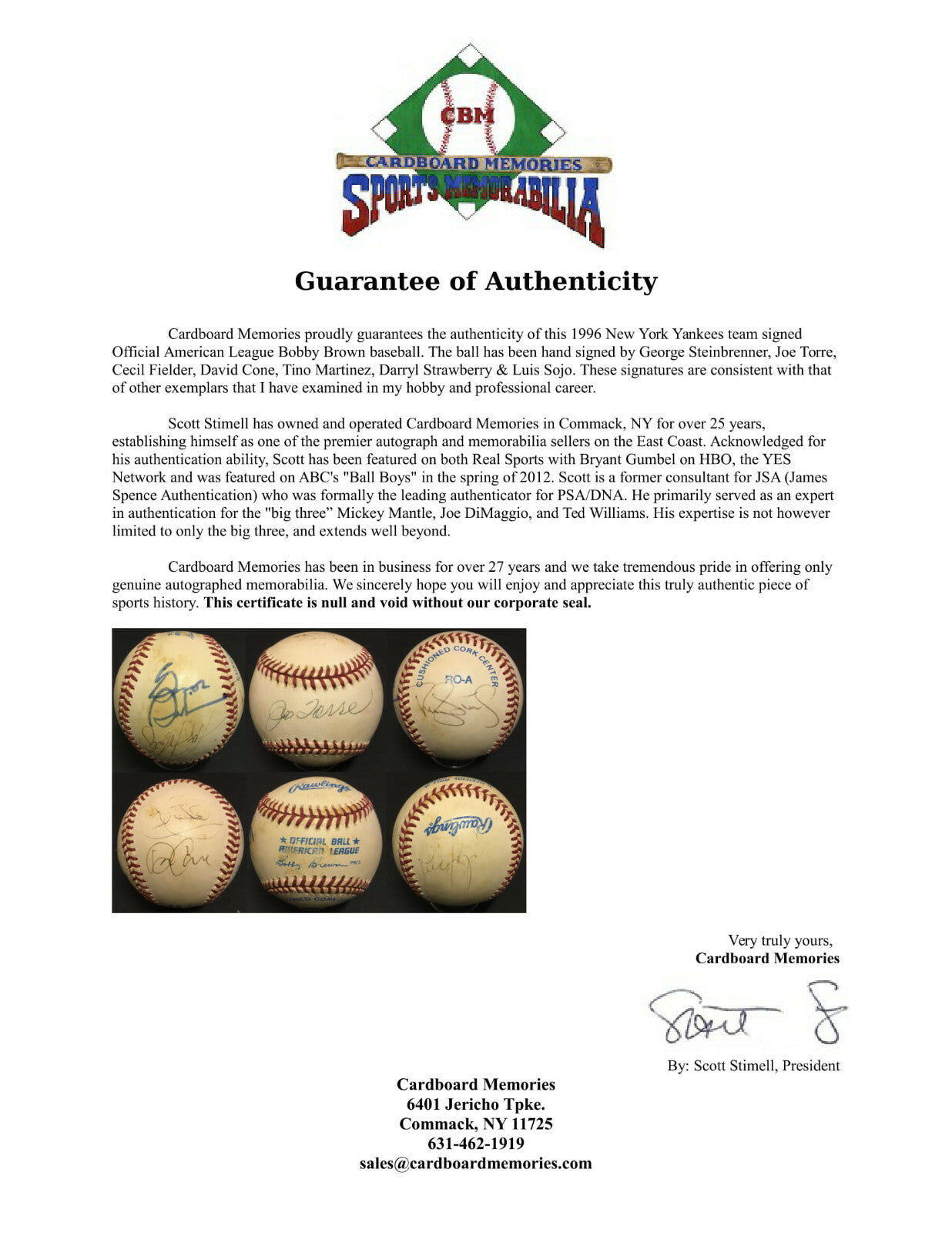 1996 NY Yankees team signed AL Baseball 7 Auto George Steinbrenner Joe Torre COA