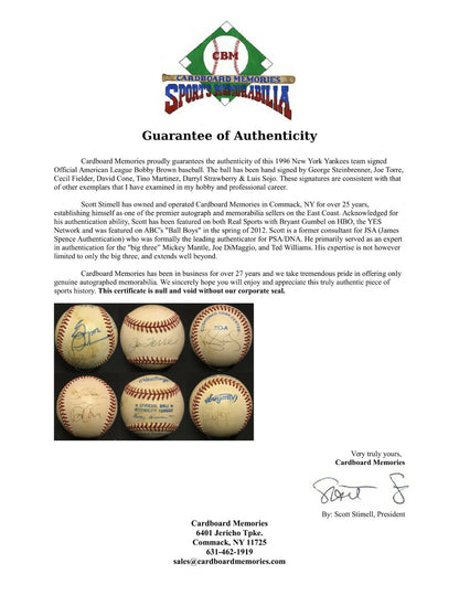 1996 NY Yankees team signed AL Baseball 7 Auto George Steinbrenner Joe Torre COA