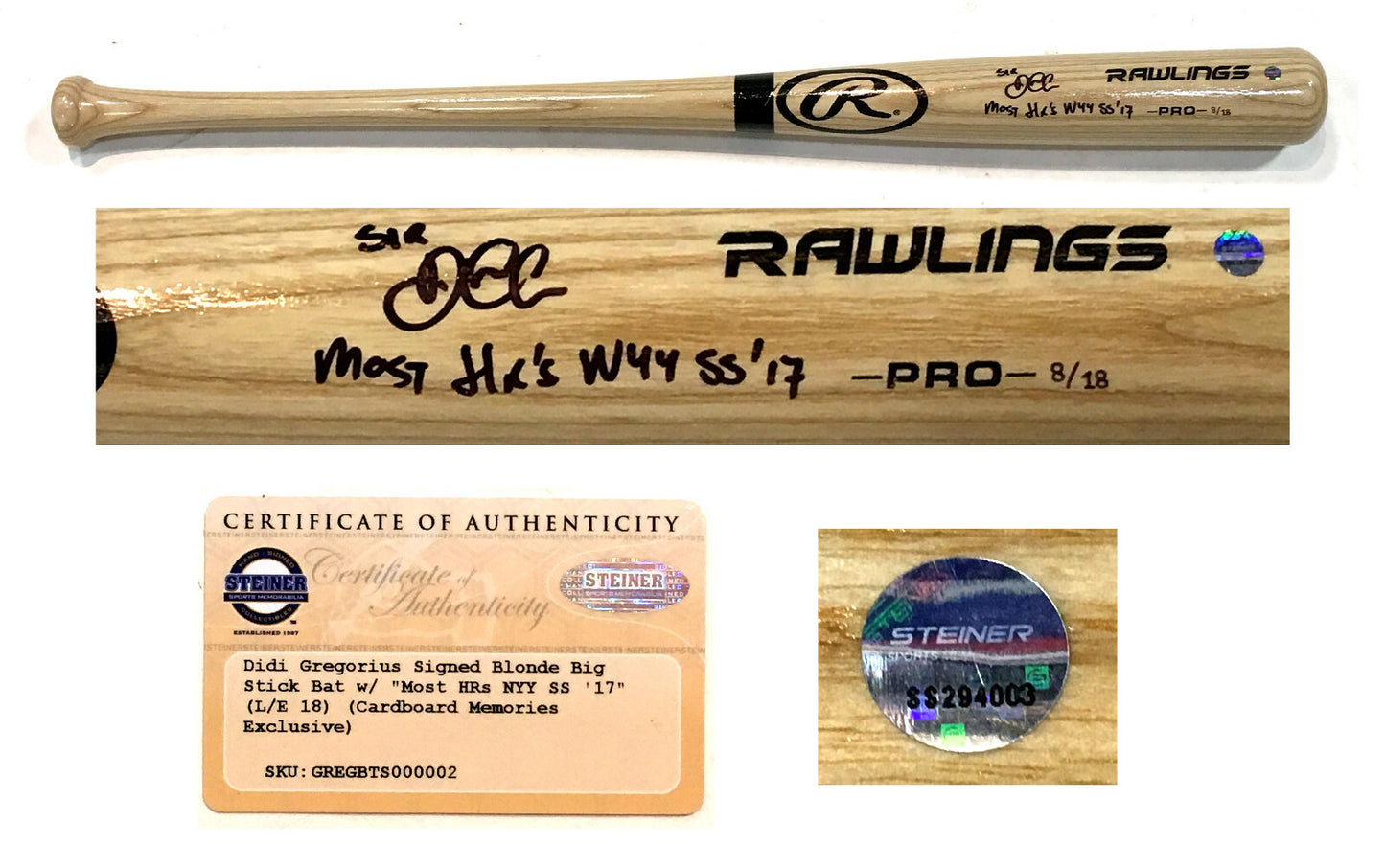 Didi Gregorius signed  bat most HR NYY SS 17 Steiner COA /18 Ny Yankees Rare