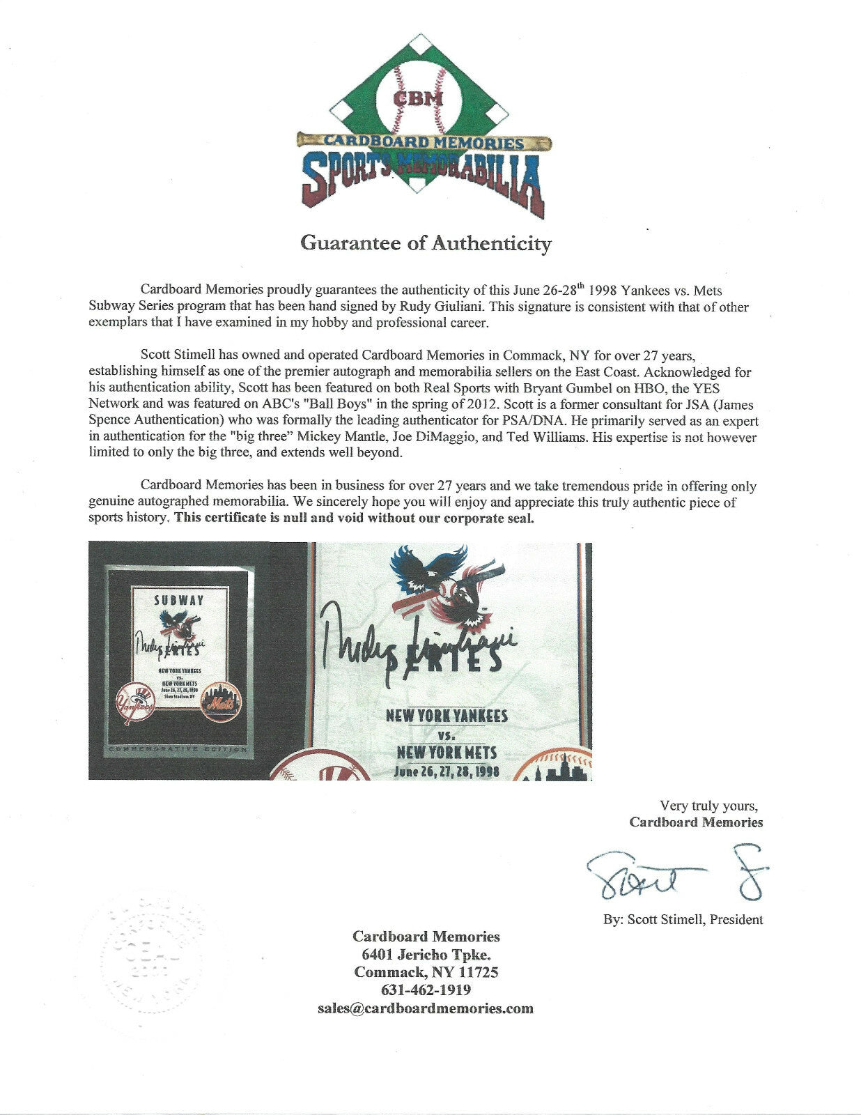 Rudy Giuliani signed 1998 Subway Series Yankees Vs Mets Program Auto CBM COA
