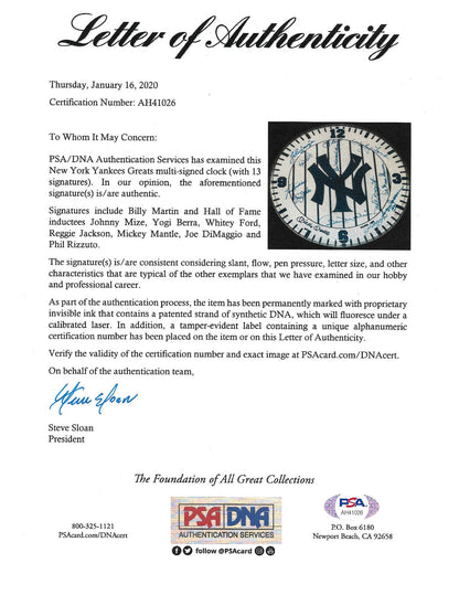 NY Yankees signed clock Mickey Mantle #7 Joe DiMaggio #5 Berra 13 Hof auto PSA