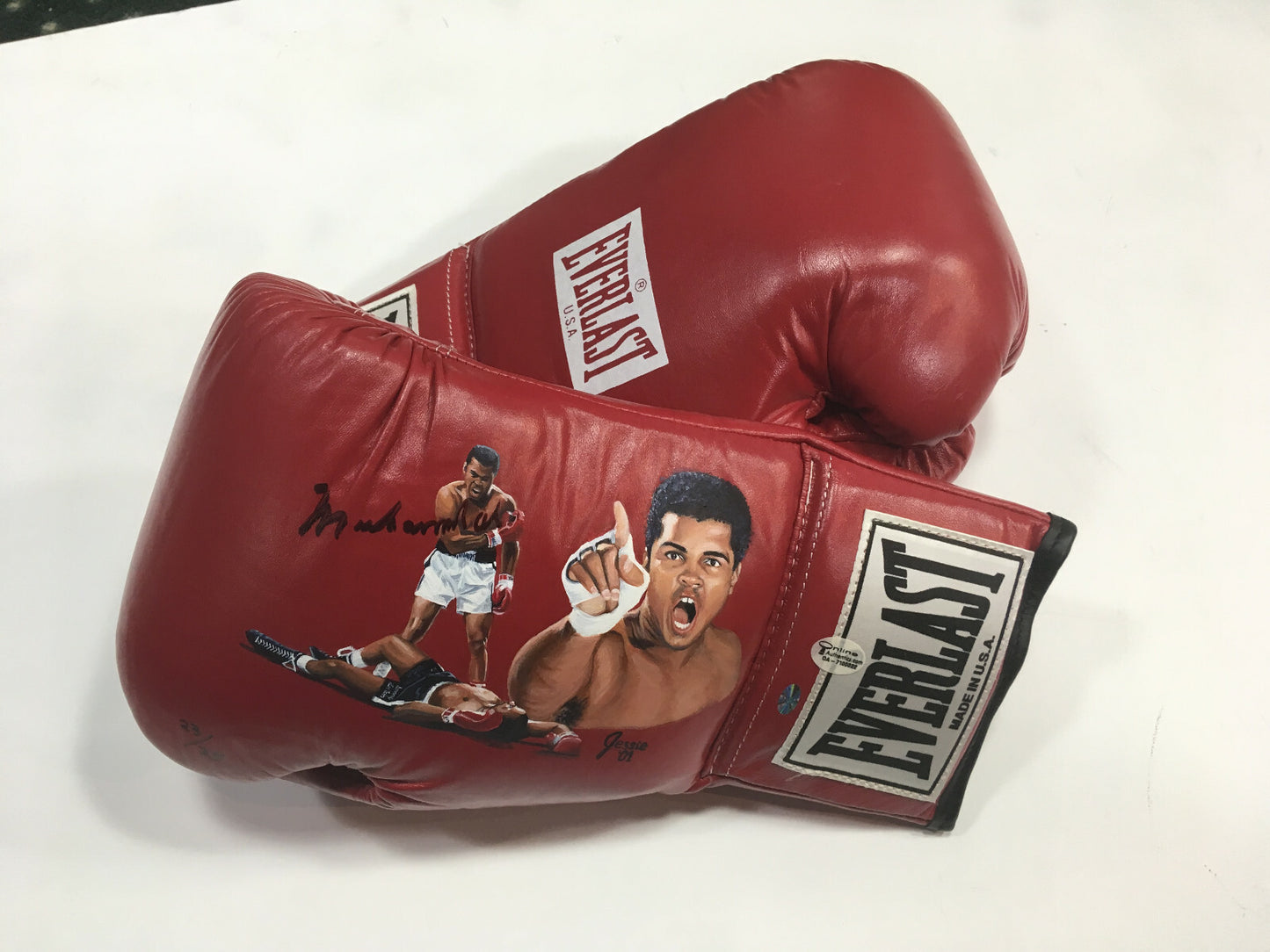 Muhammad Ali signed Jolene Jessie painted Boxing Glove auto Framed OA COA /25