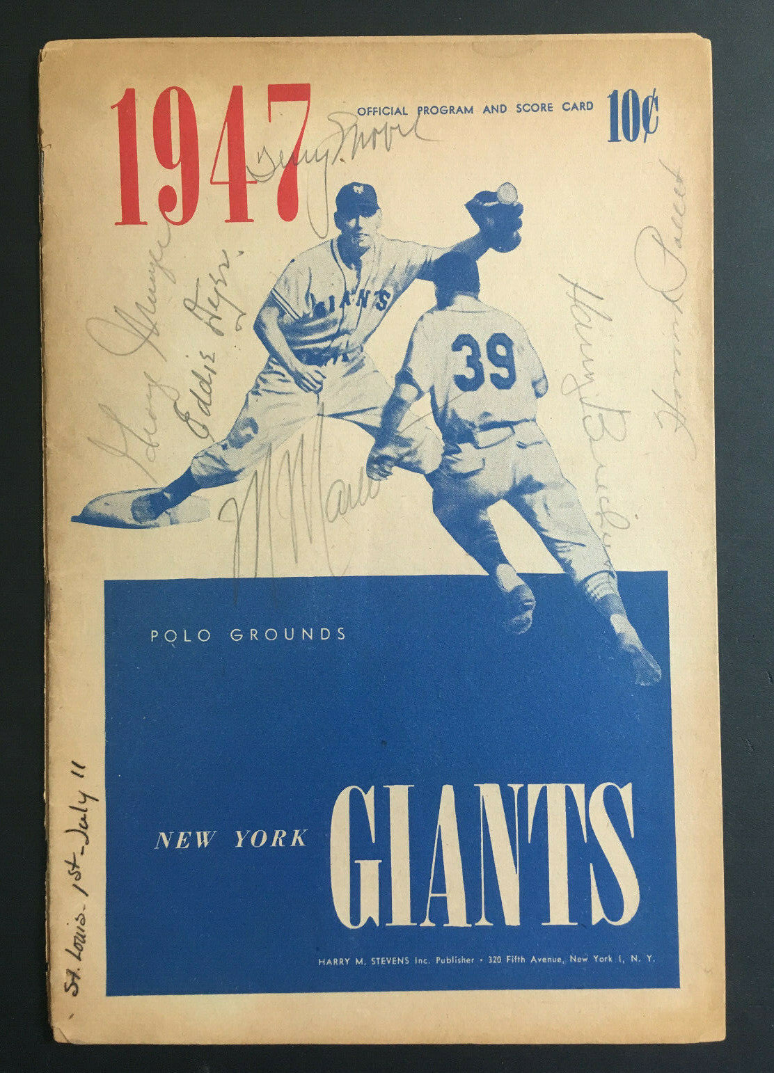 NY Giants VS St Louis Cardinals signed 6 auto 7/11/1947 program Eddie Dyer COA