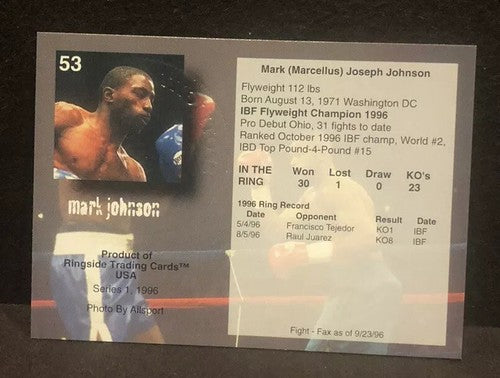 Mark Johnson signed 1996 Ringside Boxing card  #53 with seal COA Champ Mint Auto