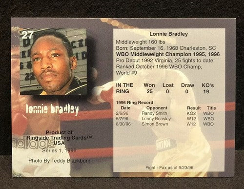 Lonnie Bradley Signed Ringside Boxing card 1996 #27 with seal COA Mint Auto
