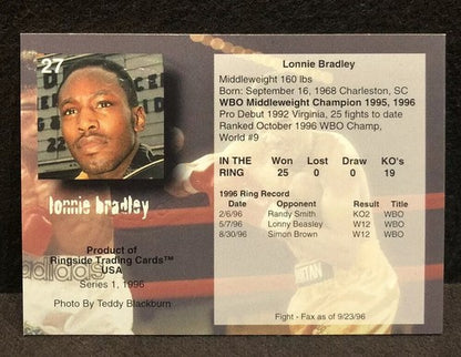 Lonnie Bradley Signed Ringside Boxing card 1996 #27 with seal COA Mint Auto