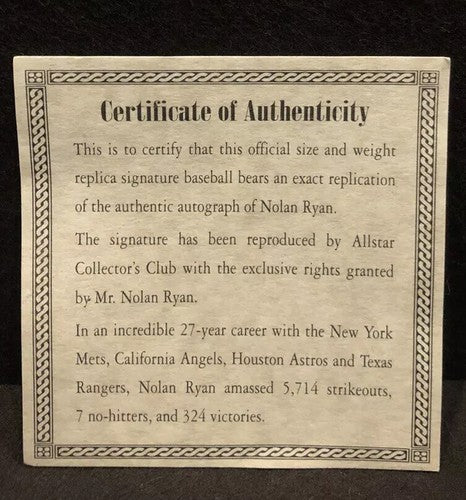 Nolan Ryan Replica Signature Baseball COA Sealed Bag New HOF MLB Angels Astros