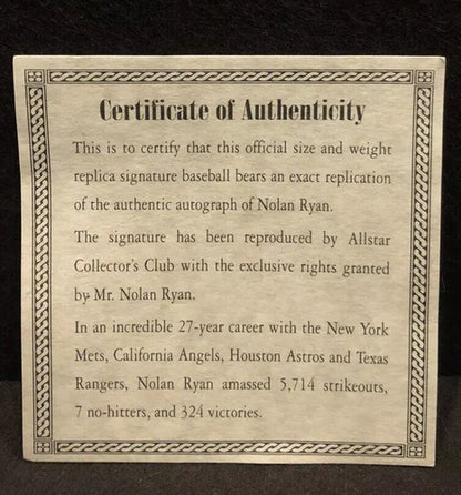 Nolan Ryan Replica Signature Baseball COA Sealed Bag New HOF MLB Angels Astros