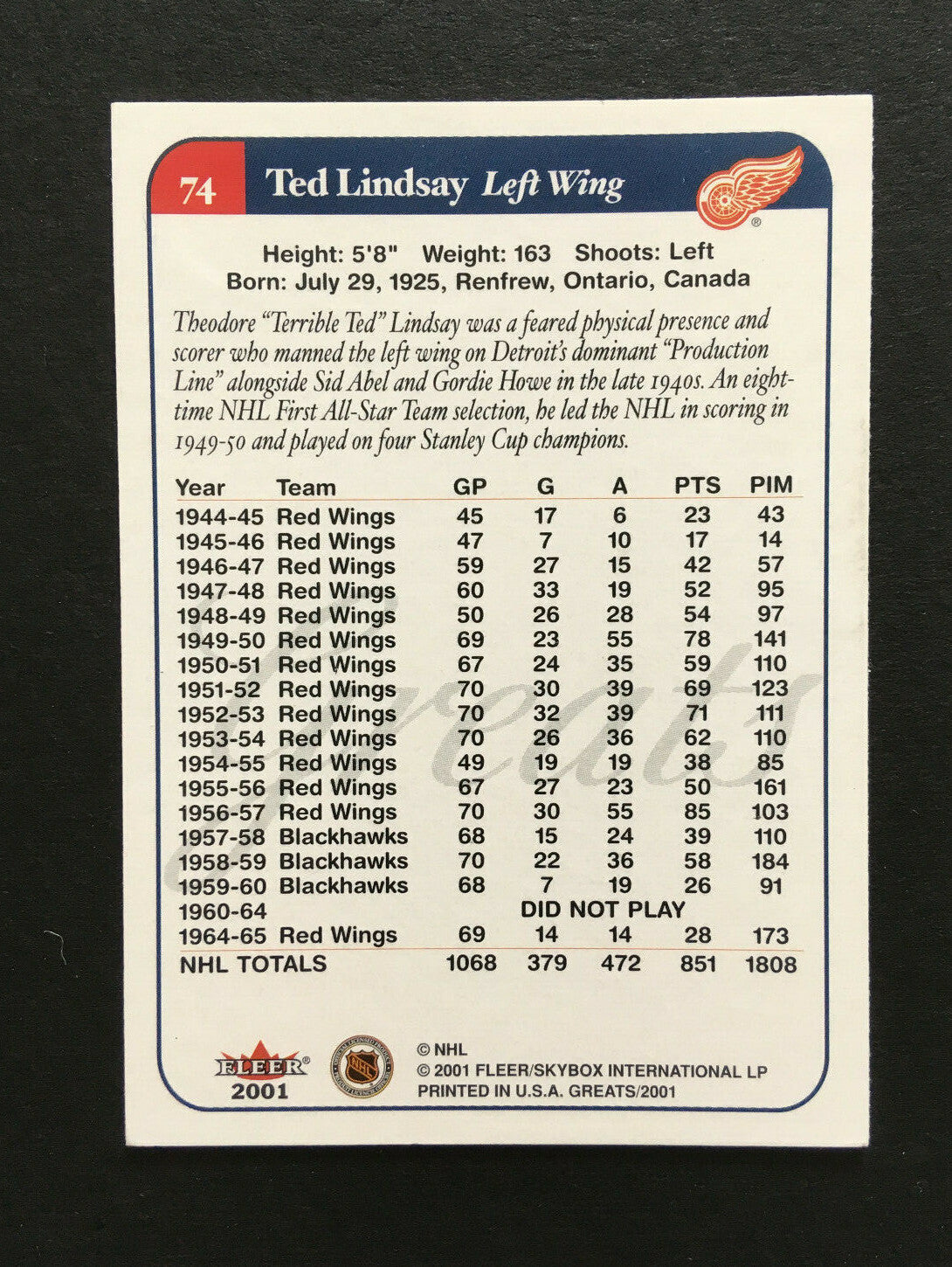 Ted Lindsay Red Wings Signed 2001 Fleer Greats Of Game On Card Auto #74 COA