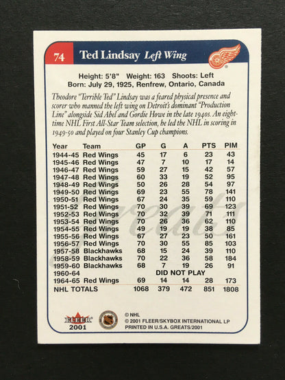 Ted Lindsay Red Wings Signed 2001 Fleer Greats Of Game On Card Auto #74 COA