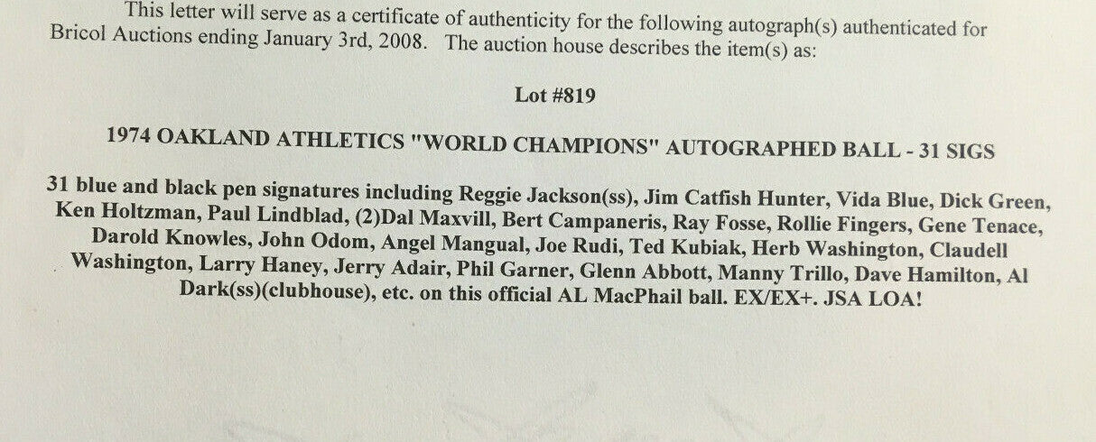 1974 Oakland A’s World Series Team signed Baseball 31 auto Reggie Jackson JSA