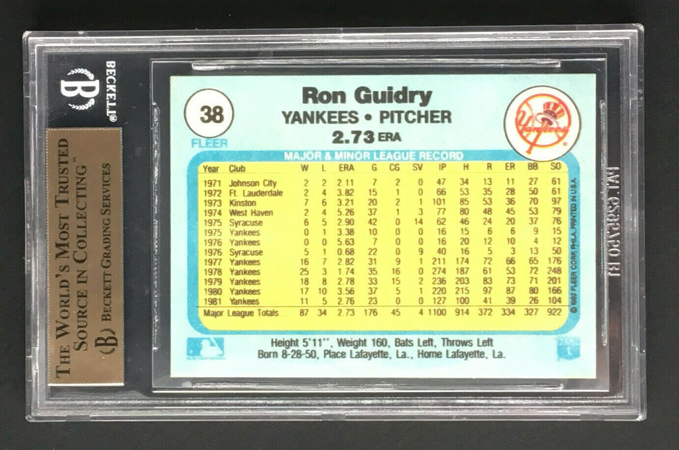 Ron Guidry 1982 Fleer Baseball card #38 Beckett BGS 10 Mint Pristine pop 2