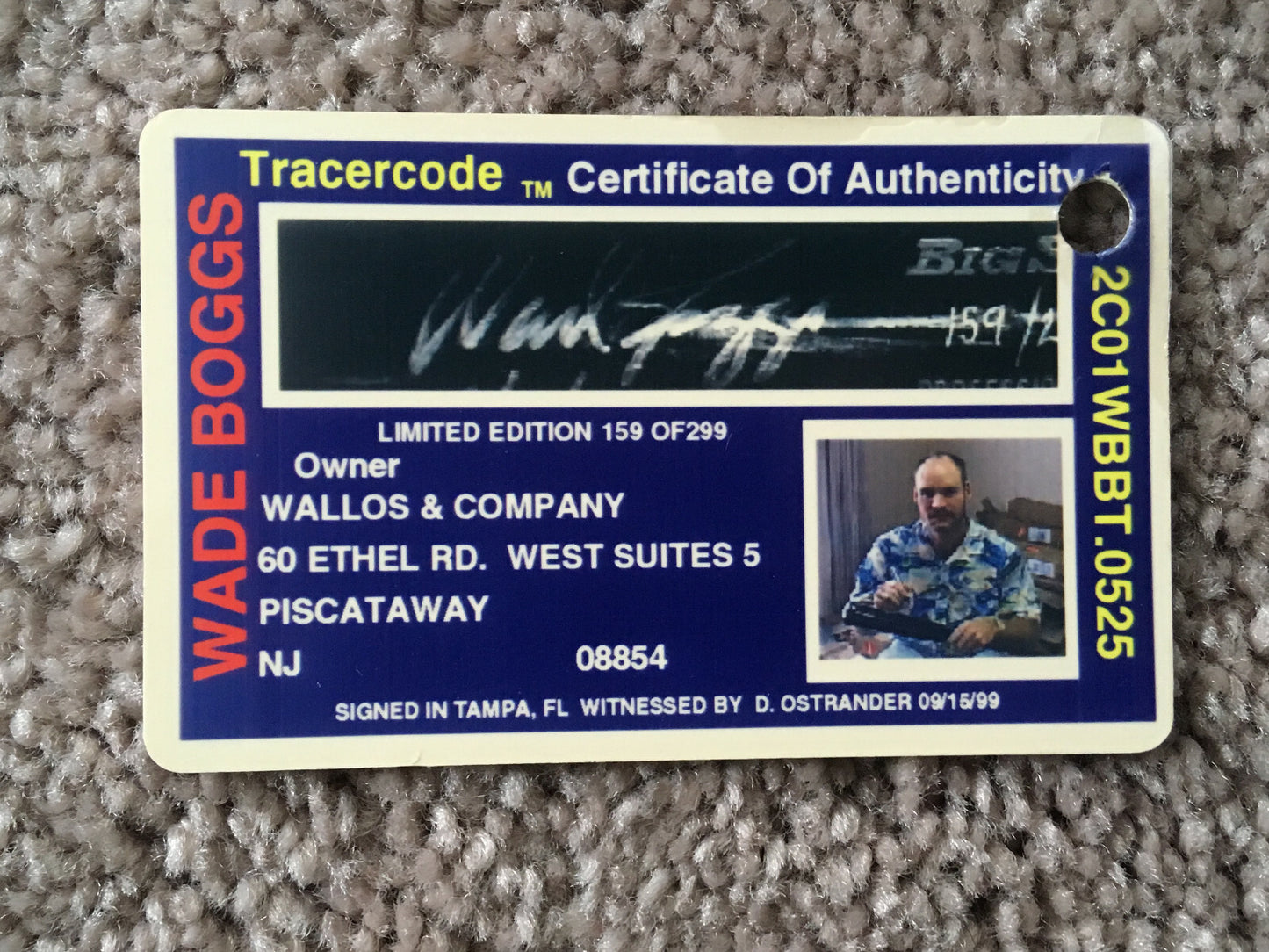 Wade Boggs signed Big Stick Baseball Bat 8/7/99 3000 Hits Autograph COA /299