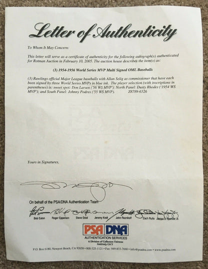 Don Larsen Dusty Rhodes Johnny Podres signed Baseball World Series MVP auto PSA