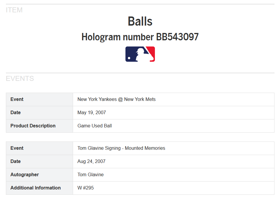 Tom Glavine Mets signed Game used Win #295 Baseball Auto MLB Holo Steiner Hof