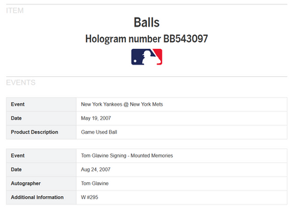 Tom Glavine Mets signed Game used Win #295 Baseball Auto MLB Holo Steiner Hof
