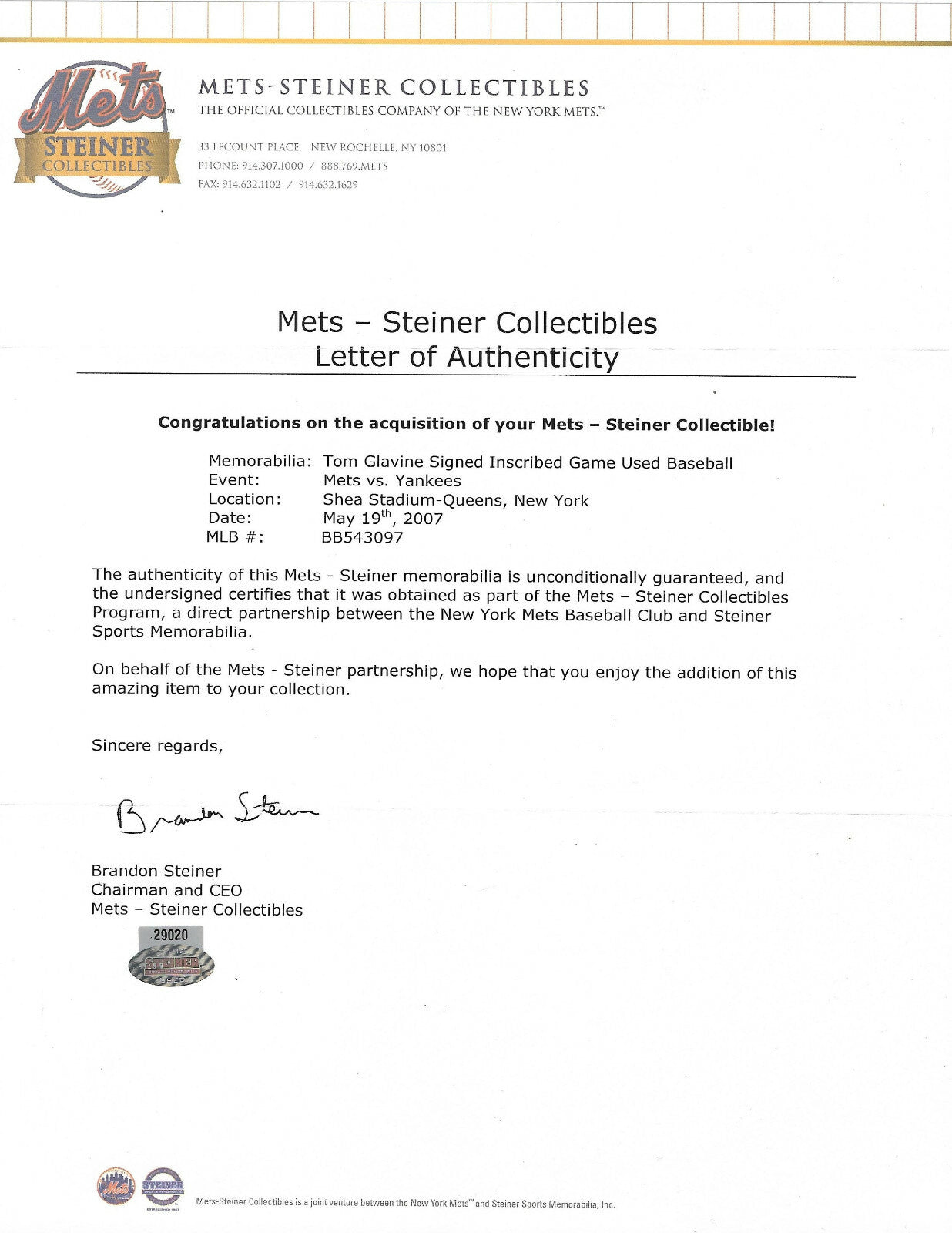 Tom Glavine Mets signed Game used Win #295 Baseball Auto MLB Holo Steiner Hof