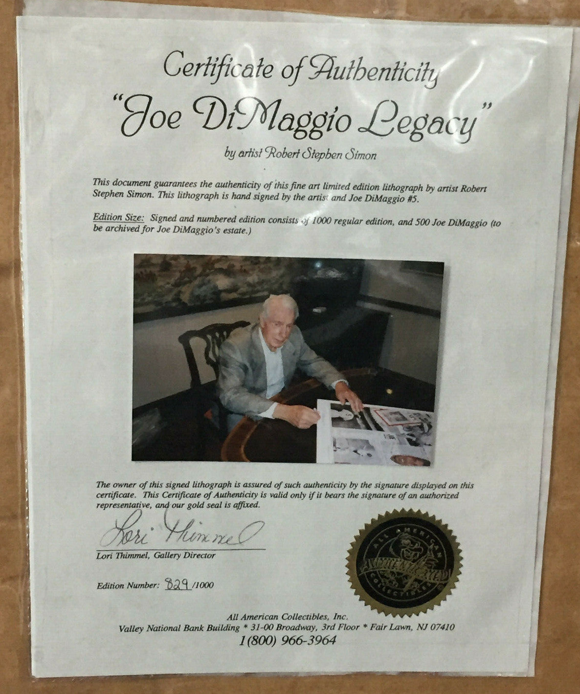 Joe DiMaggio signed Robert Stephen Simon Litho Photo Framed #5 Auto COA /1000
