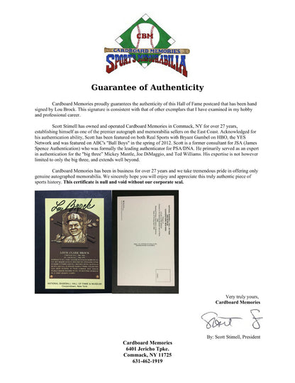 Lou Brock Cardinals Signed Hall of Fame HOF Postcard Autograph CBM COA