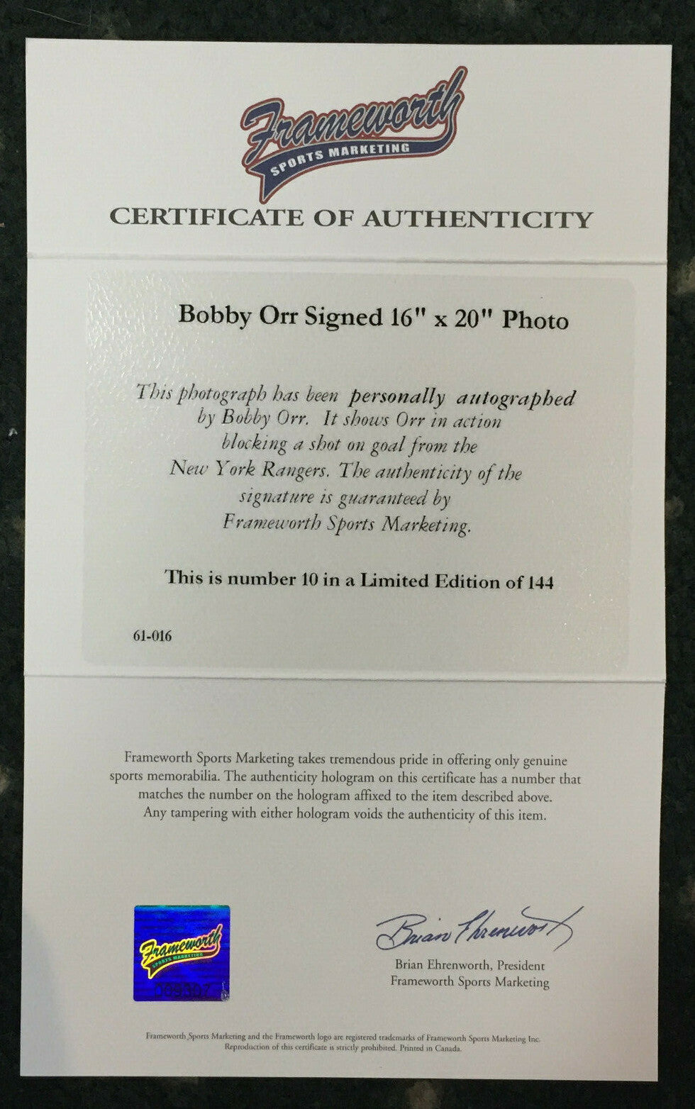 Bobby Orr Bruins signed 16x20 Block Photo Framed Hof Auto Frameworth COA /144