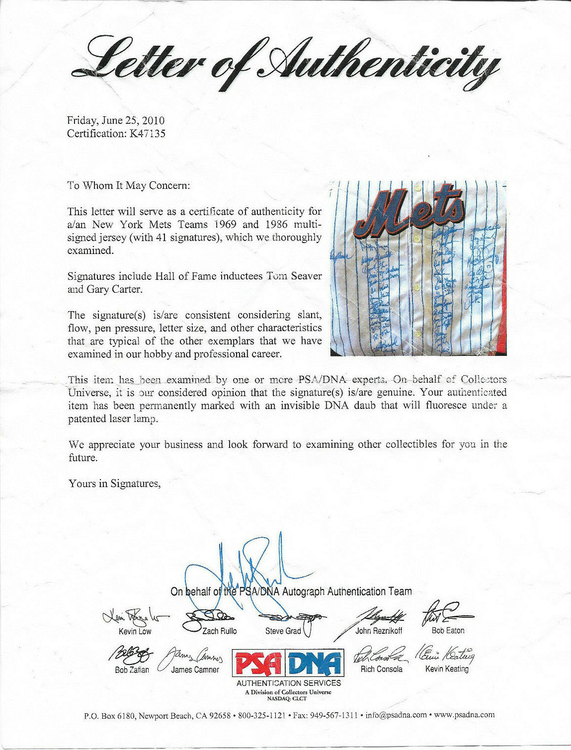 1969 1986 Mets World Series Signed Jersey 41 Auto Tom Seaver Gary Carter PSA