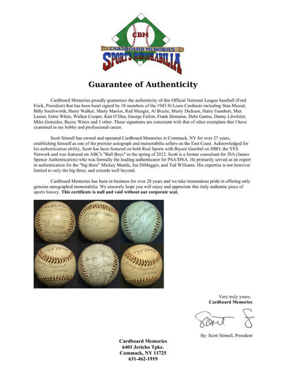 1943 Cardinals Team Signed NL Ford Frick Baseball 19 auto Stan Musial expert PSA