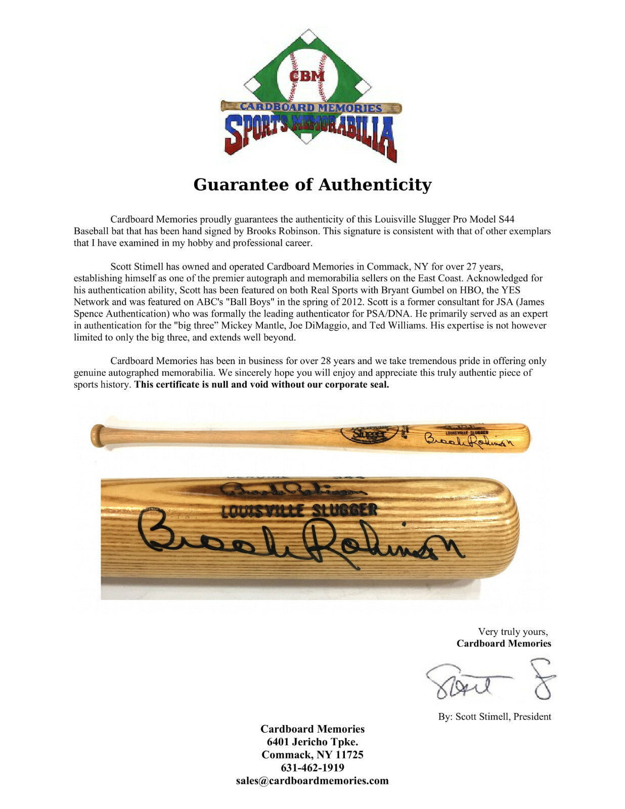 Brooks Robinson Signed LS Pro Model S44 Baseball Bat Mint Autograph HOF COA