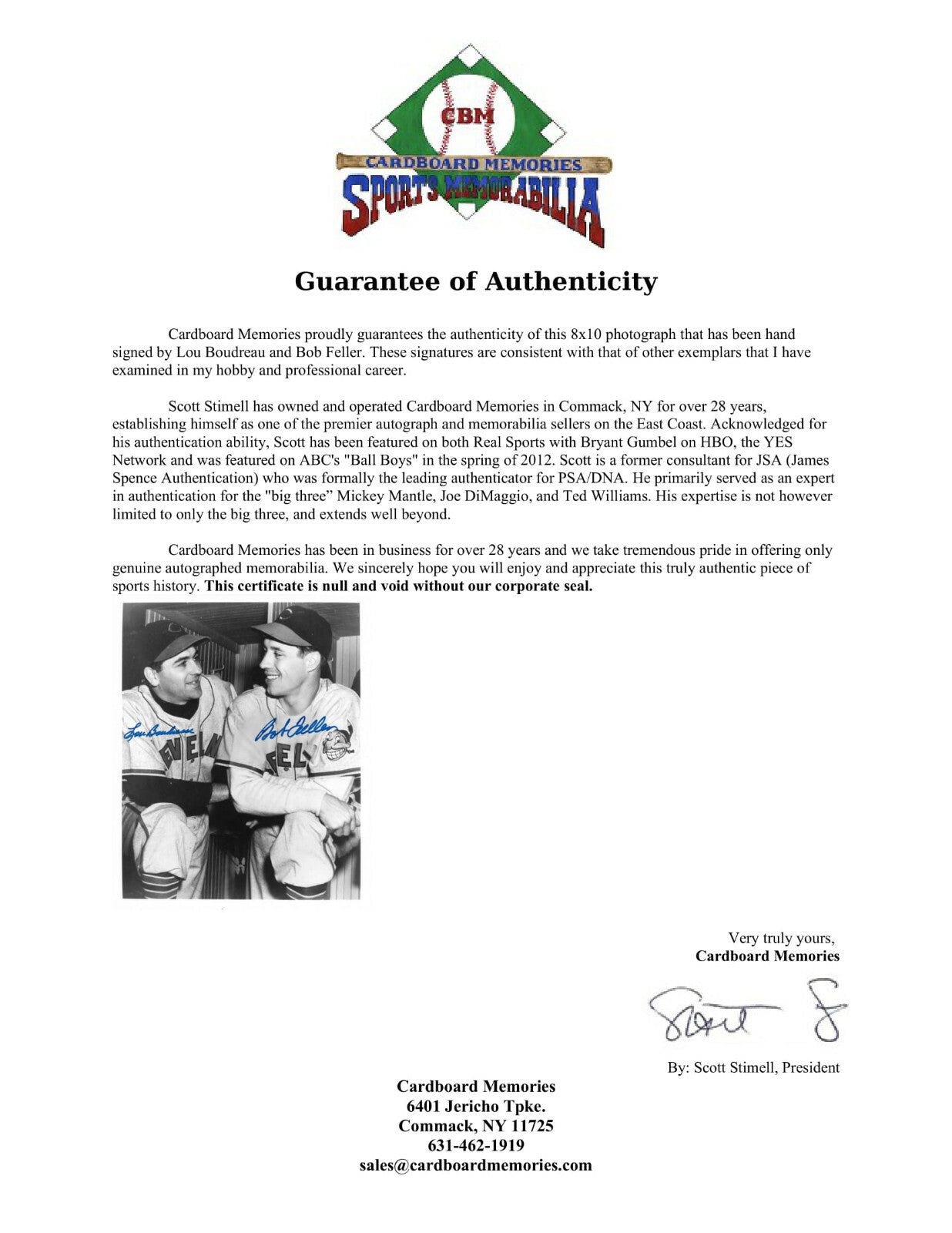 Bob Feller Lou Boudreau Indians Signed 8x10 Photo 2 Mint Auto HOF CBM COA