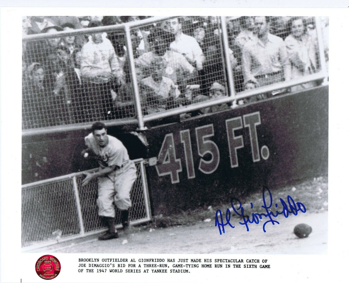 Al Gionfriddo signed 8x10 Photo Brooklyn Dodgers World Series DiMaggio Catch Coa