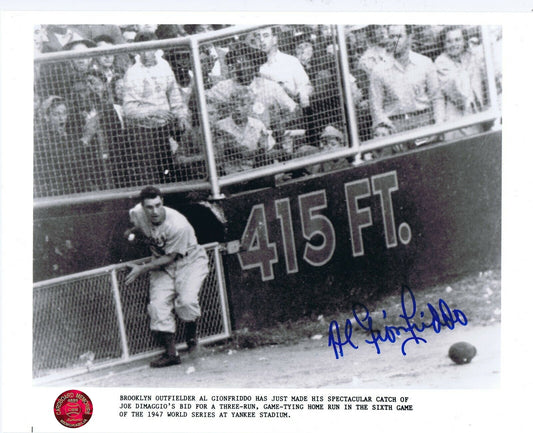 Al Gionfriddo signed 8x10 Photo Brooklyn Dodgers World Series DiMaggio Catch Coa