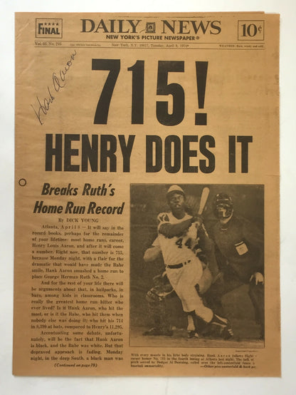 Hank Aaron Signed April 9 1974 Daily News 715 HR Newspaper Mint Autograph PSA