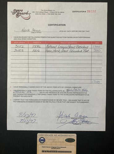 Hank Aaron Signed Baseball Contract ScoreBoard 1/1 Steiner Coa Braves Hof Auto