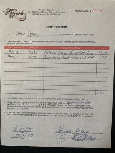 Hank Aaron Signed Baseball Contract ScoreBoard 1/1 Steiner Coa Braves Hof Auto