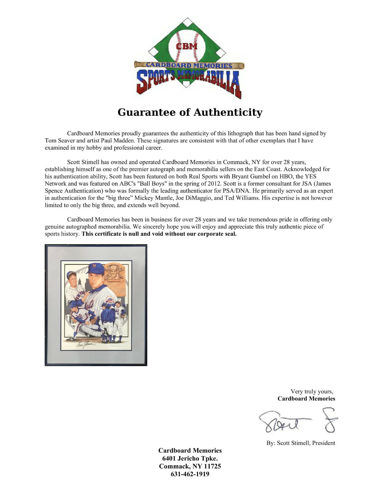 Tom Seaver 1969 Mets Signed Paul Madden Litho Framed Autograph HOF COA