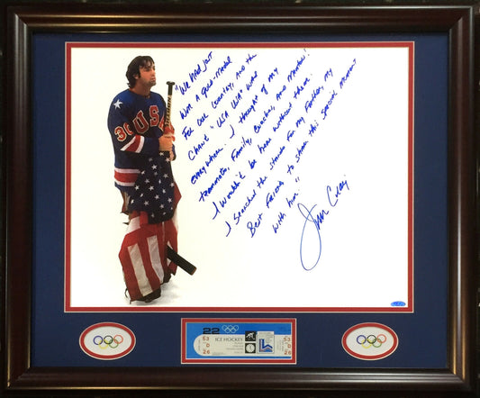 Jim Craig Signed INS 16x20 1980 Olympic Gold Story Photo Framed Auto Steiner COA