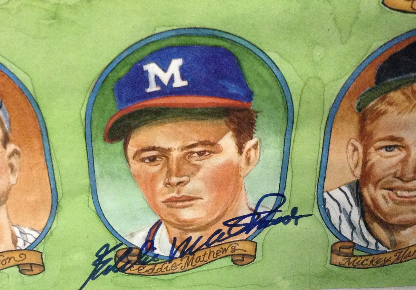 Catfish Hunter Bob Feller Ed Mathews Signed Dick Perez HOF Poster Auto CBM COA