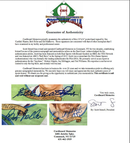 Catfish Hunter Bob Feller Ed Mathews Signed Dick Perez HOF Poster Auto CBM COA