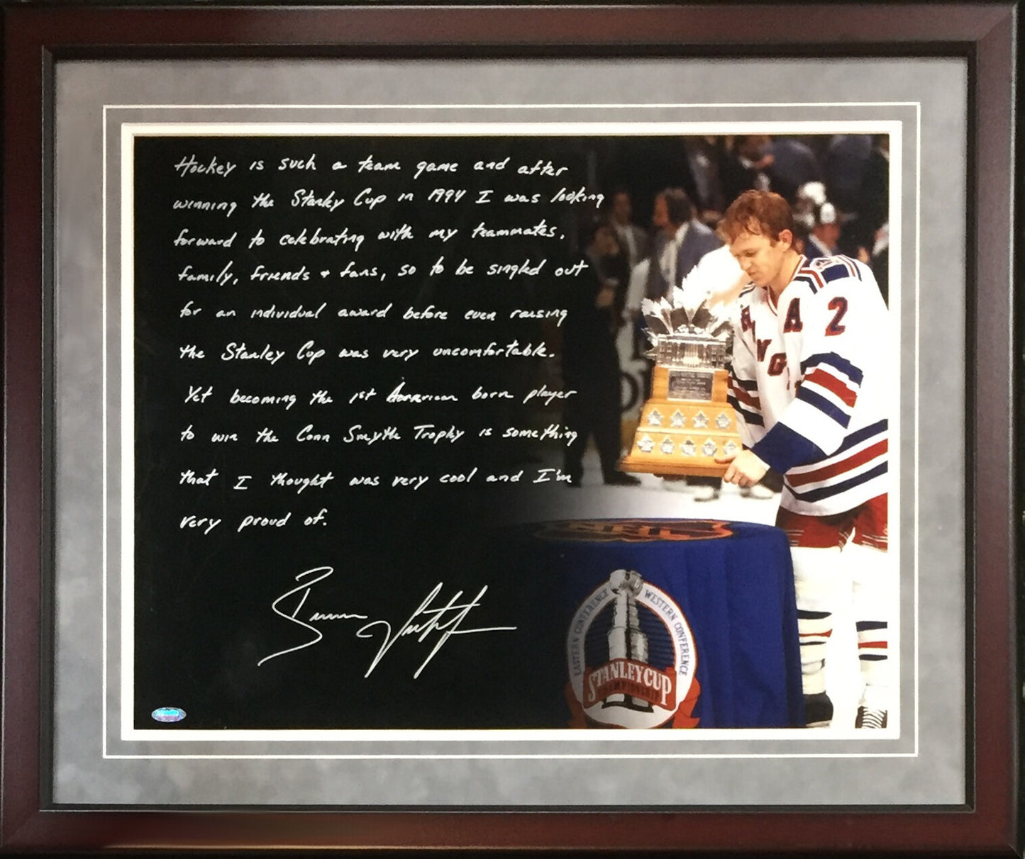 Brian Leetch Signed 1994 Rangers 16x20 Story Photo Framed Suede auto Steiner COA