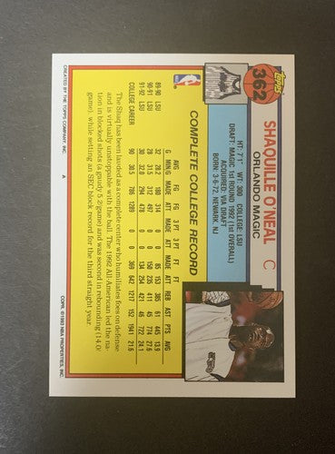1992 93 TOPPS #362 SHAQUILLE O'NEAL ROOKIE CARD RC ORLANDO MAGIC HOF GEM MINT +