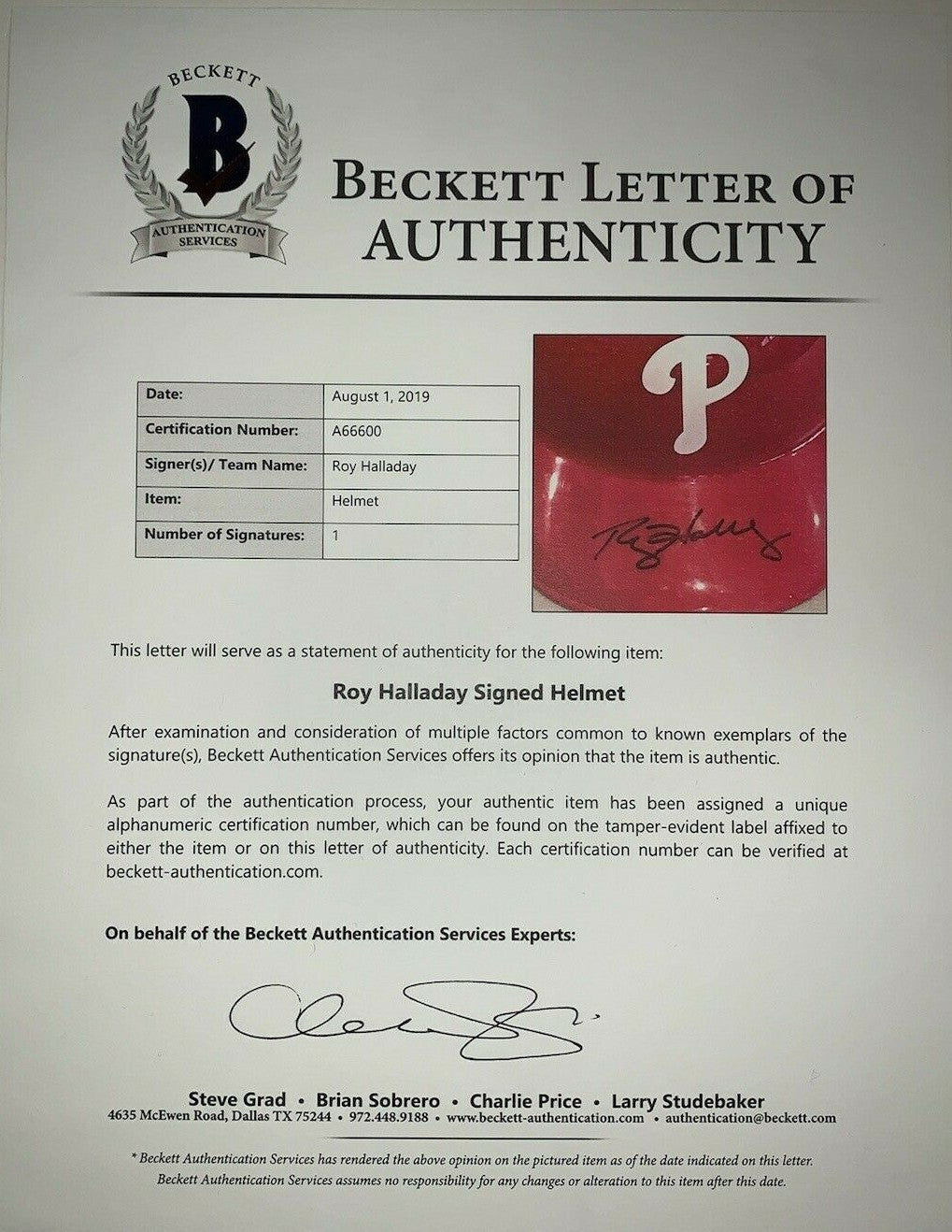 Roy Halladay Phillies Signed Mlb BATTING HELMET FS Mint Hof Auto Beckett Bas
