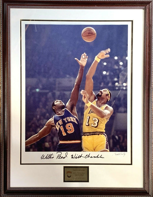 Wilt Chamberlain Willis Reed Signed 16x20 Kalinsky Photo framed 3 auto MSG COA