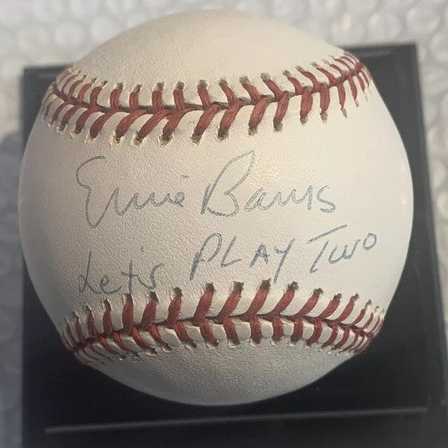 ERNIE BANKS SIGNED NL BASEBALL INSCRIBED LET'S PLAY TWO Auto Cubs HOF Steiner