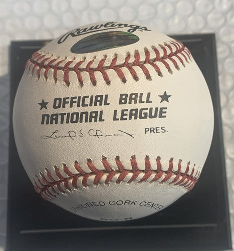 ERNIE BANKS SIGNED NL BASEBALL INSCRIBED LET'S PLAY TWO Auto Cubs HOF Steiner